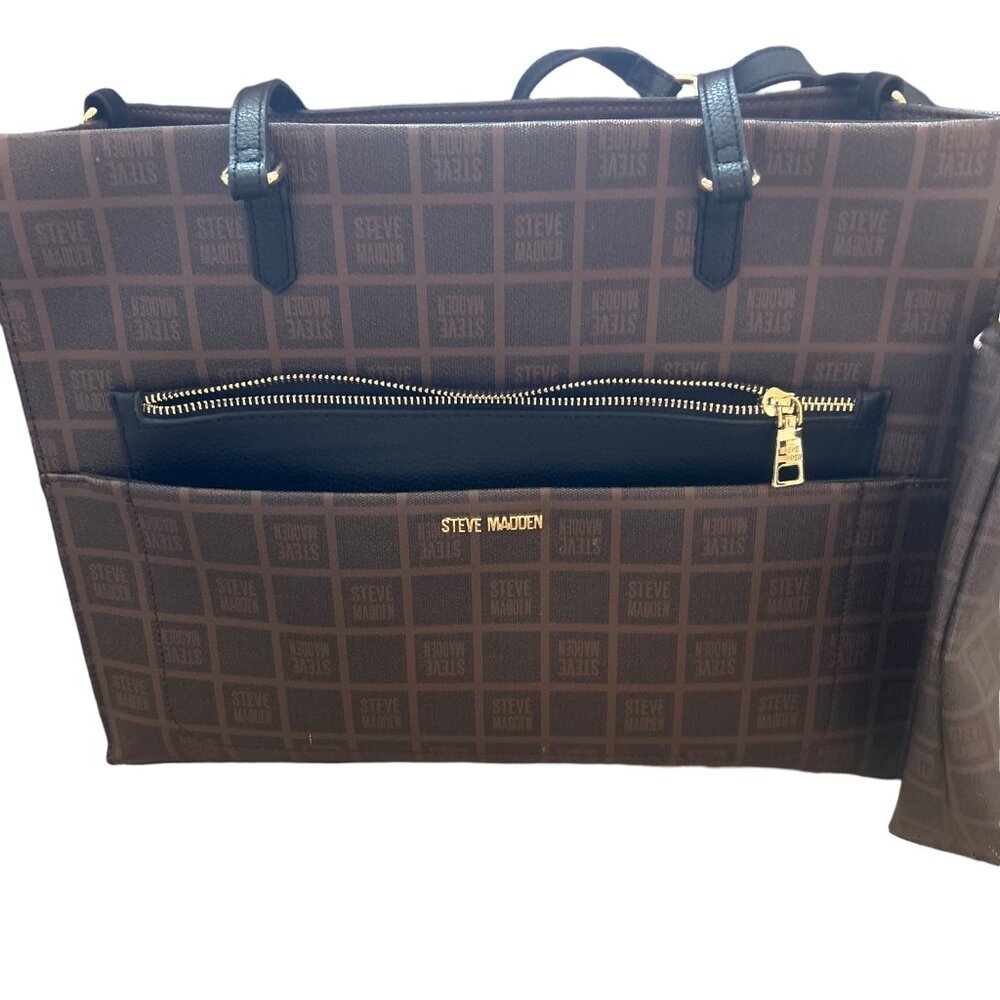 STEVE MADDEN PLAID TOTE SET BLIVIA COGNAC LOGO WITH PURSE